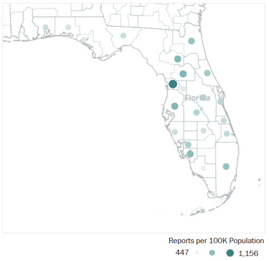Map of Florida Metropolitan Statistical Areas showing number of reports per 100K population, ranging from a low of 447 to a high of 1,156. See attached CSV file for report data by MSA.